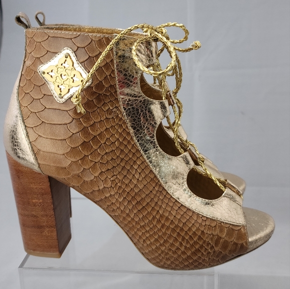 Lace Up Peep Toe Block Heel Leather Sandals Shoes Size 7 - Picture 5 of 13